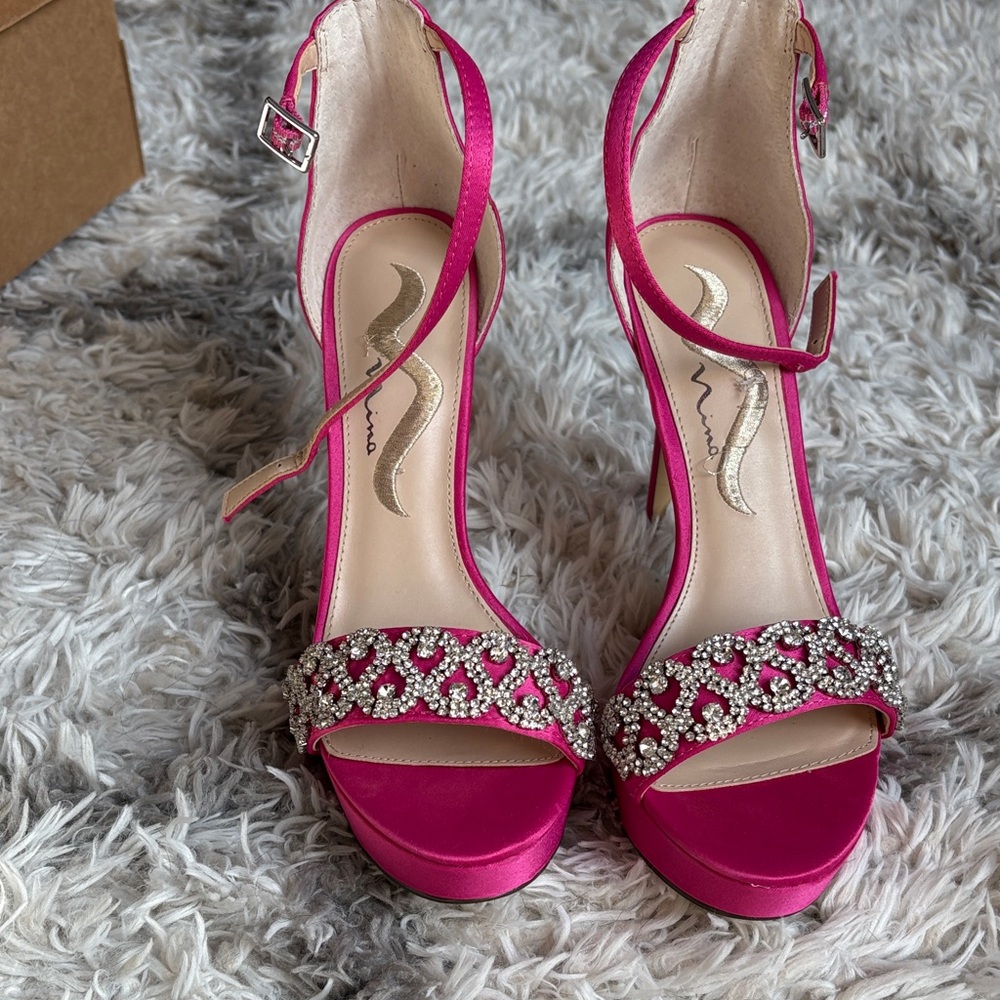 Elegant Pink Satin Stiletto Heels w/  Rhinestones